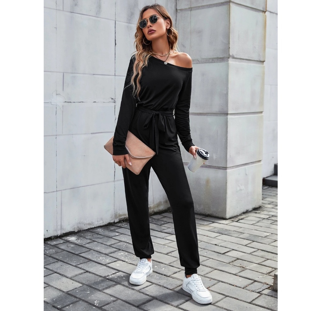 Asymmetrical Boat Neck Long Sleeve Tie Belt Waist Long Black Jumpsuit - Picture 4 of 8